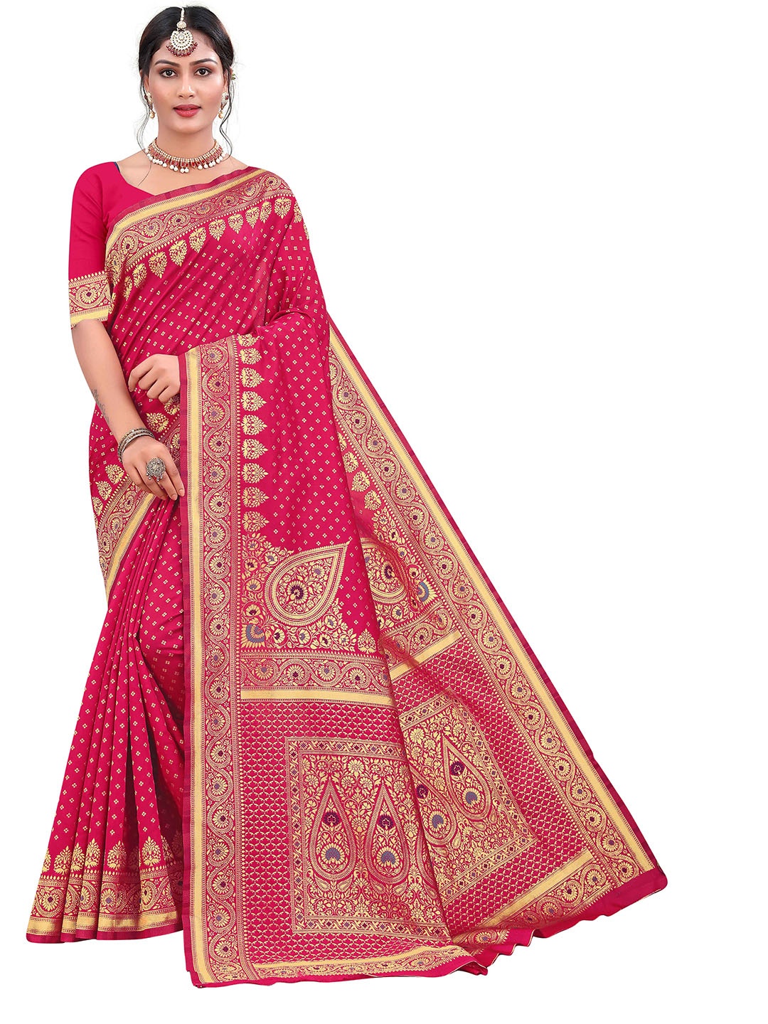 

MANVAA Ethnic Motifs Woven Design Zari Saree, Pink
