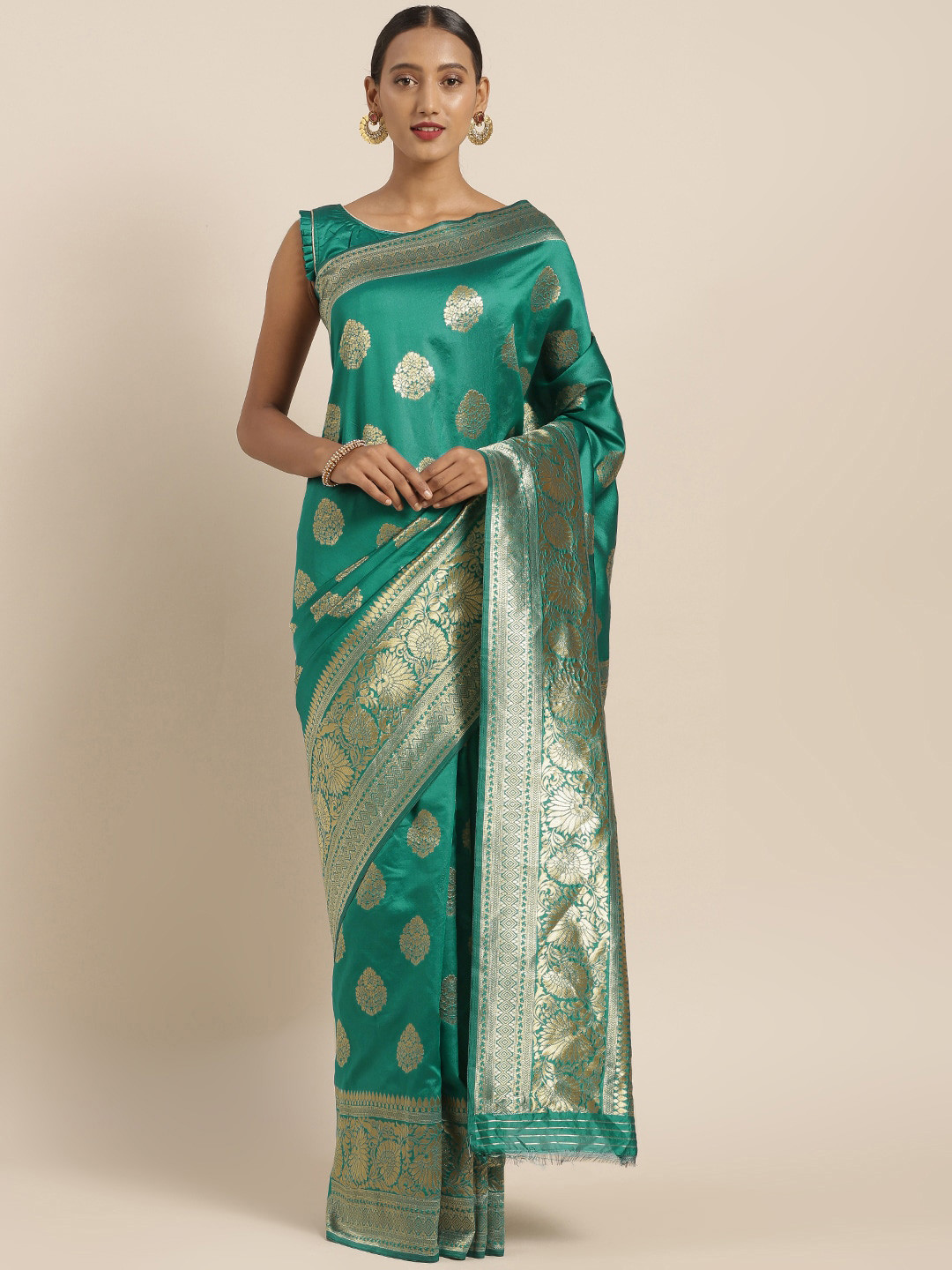 

MANVAA Ethnic Motifs Woven Design Zari Banarasi Saree, Green