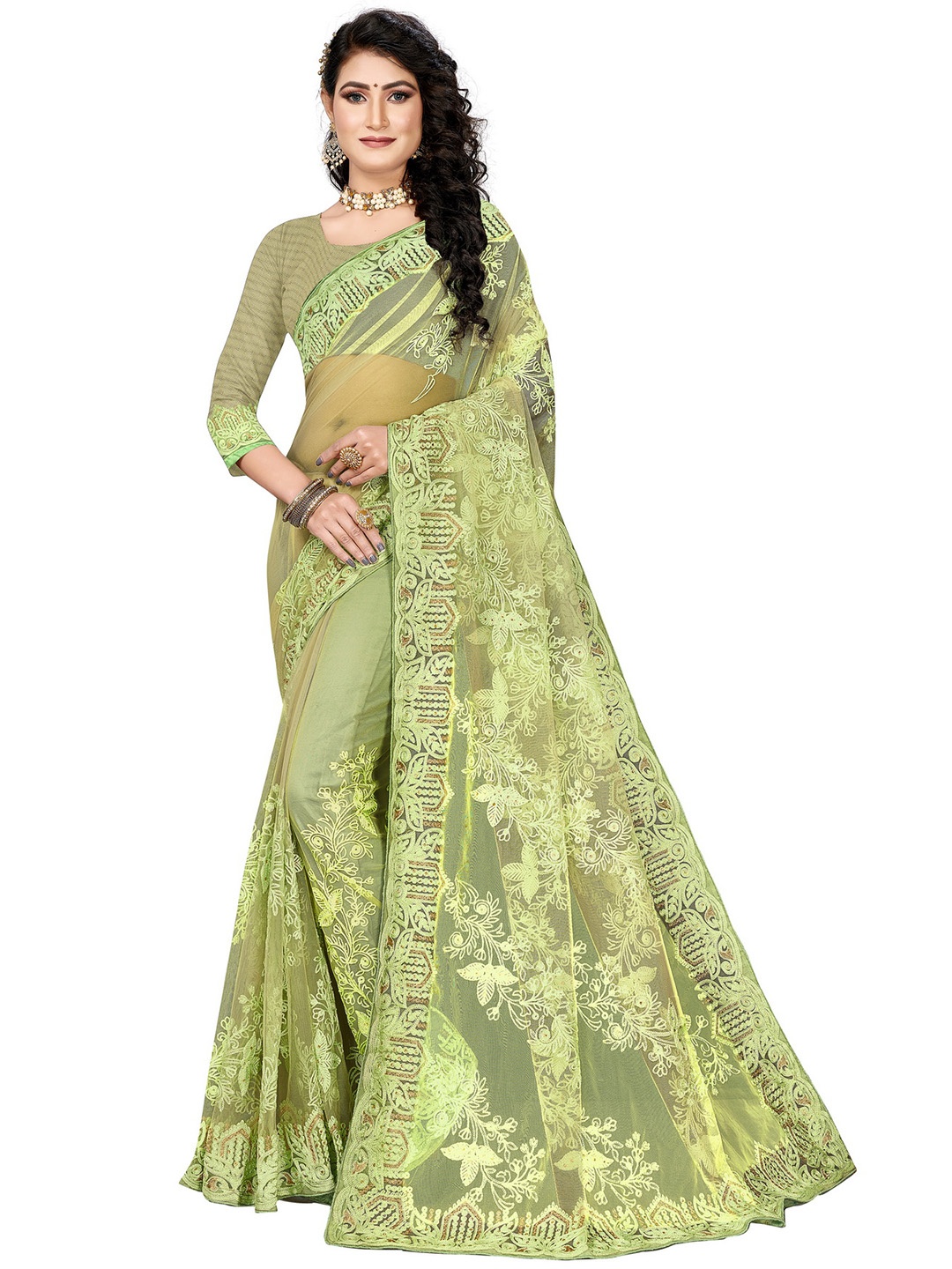 

MANVAA Ethnic Motifs Embellished Embroidered Net Saree, Green