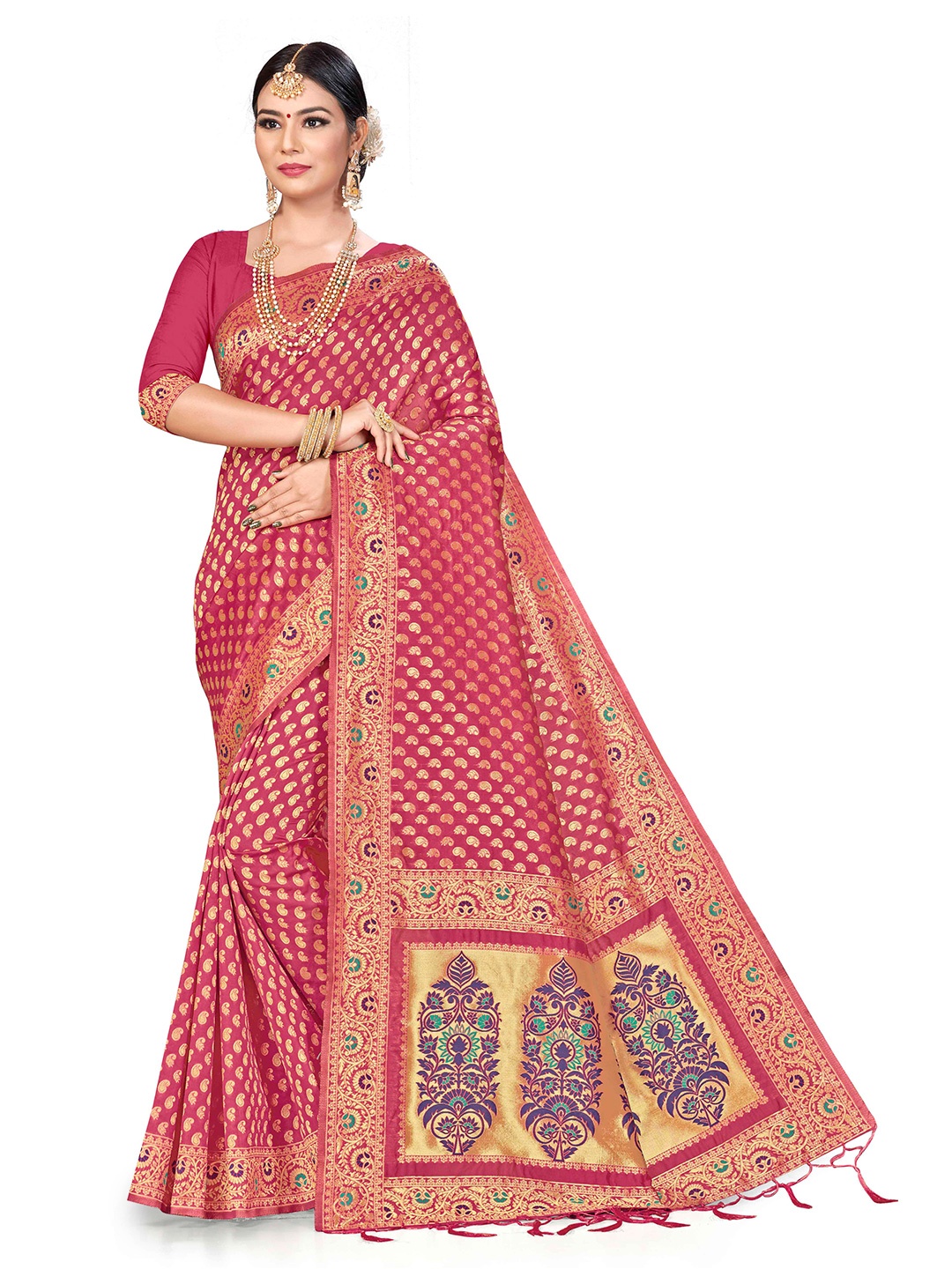 

MANVAA Ethnic Motifs Woven Design Zari Banarasi Saree, Peach