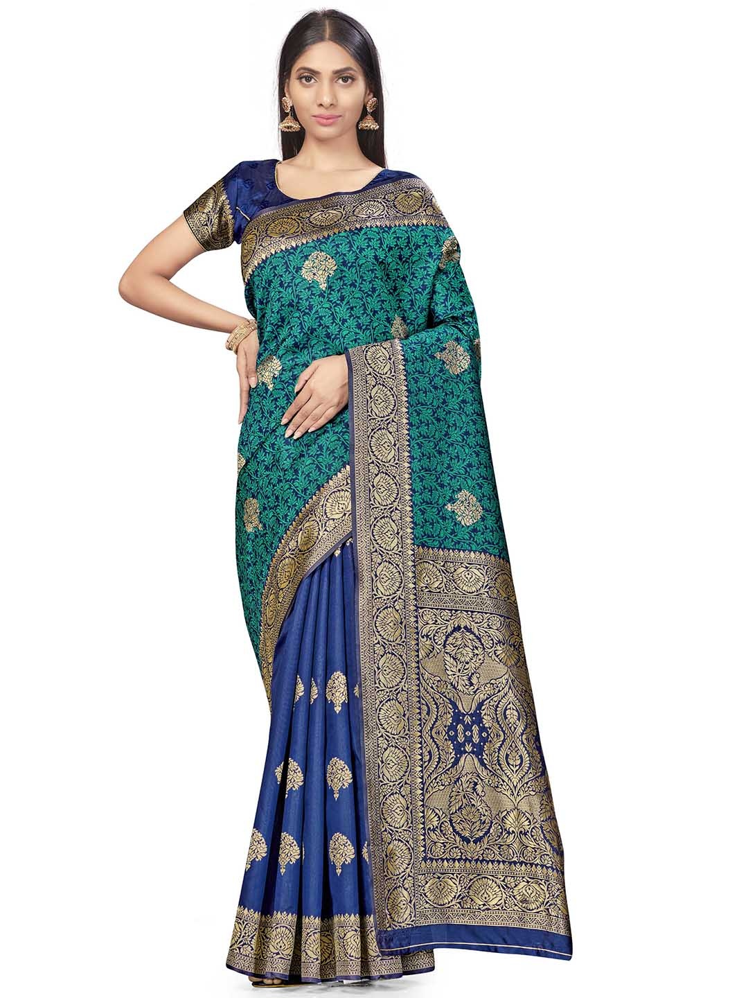 

MANVAA Ethnic Motifs Woven Design Zari Banarasi Saree, Navy blue