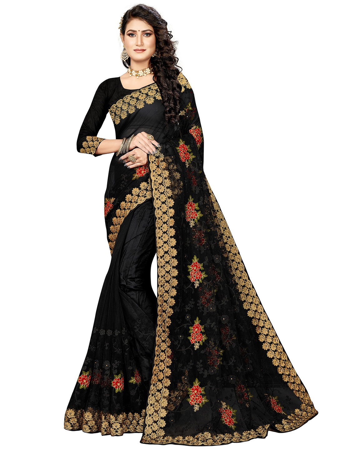 

MANVAA Black & Red Embellished Embroidered Net Saree