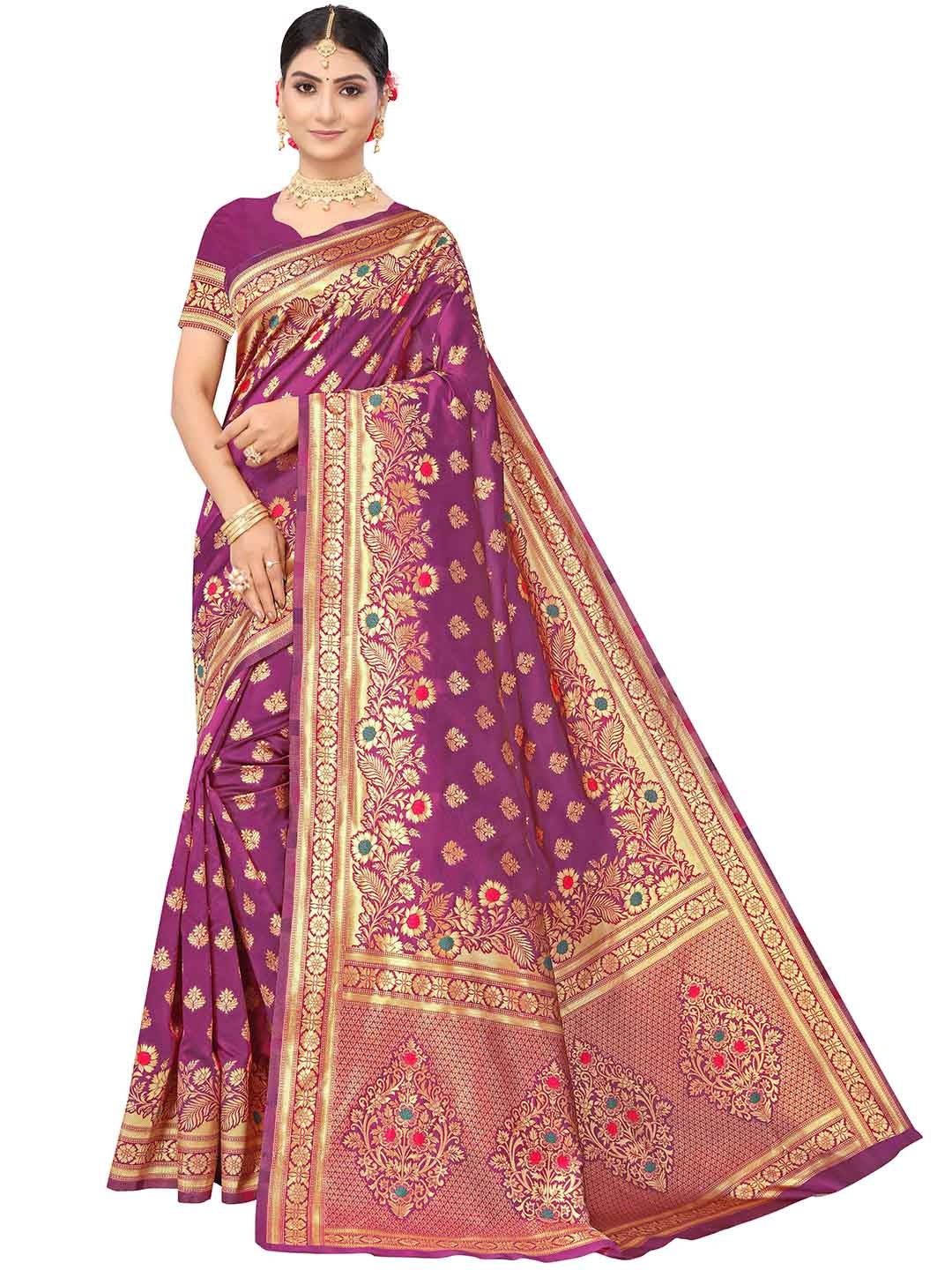 

MANVAA Ethnic Motifs Woven Design Zari Kanjeevaram Saree, Purple