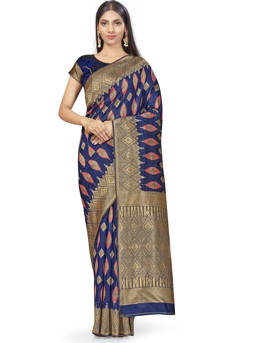 

MANVAA Ethnic Motifs Woven Design Zari Banarasi Saree, Navy blue