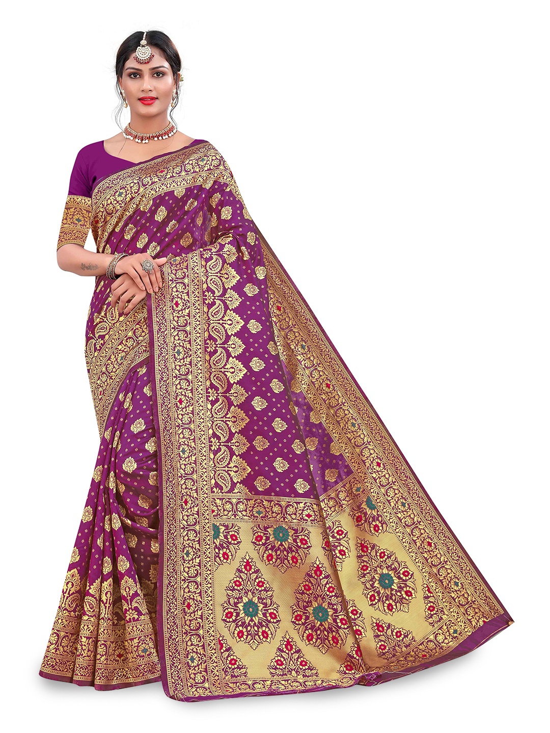 

MANVAA Ethnic Motifs Woven Design Zari Banarasi Silk Saree, Purple