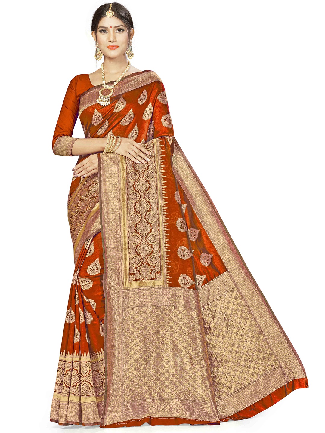 

MANVAA Orange & GoldToned Ethnic Woven Design Zari Silk Banarasi Saree