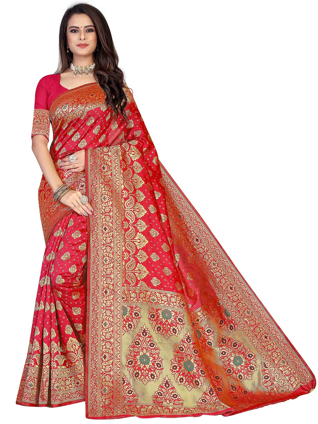 

MANVAA Red & GoldToned Ethnic Woven Design Zari Silk Banarasi Saree