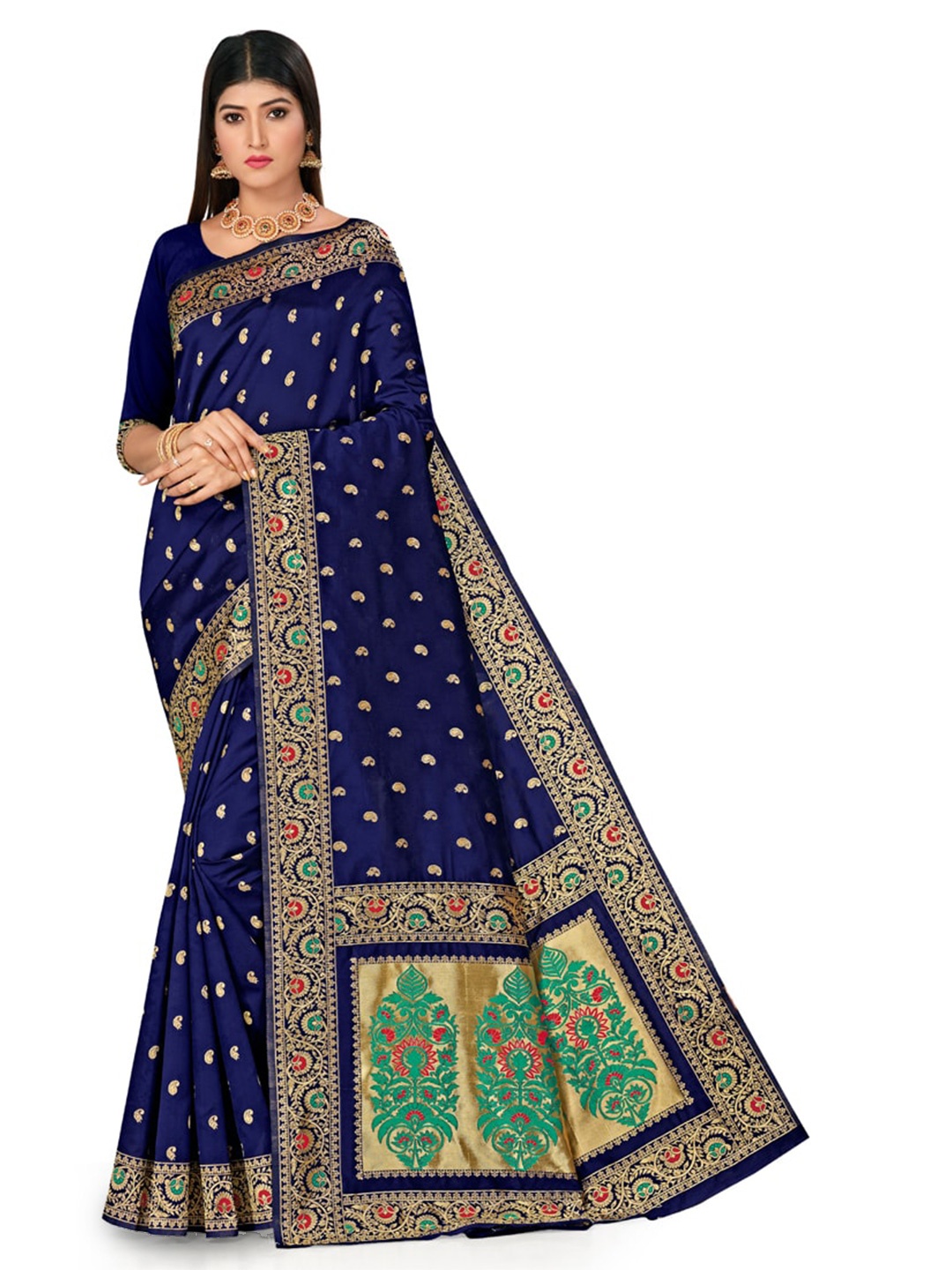 

MANVAA Ethnic Motifs Woven Design Zari Banarasi Saree, Blue