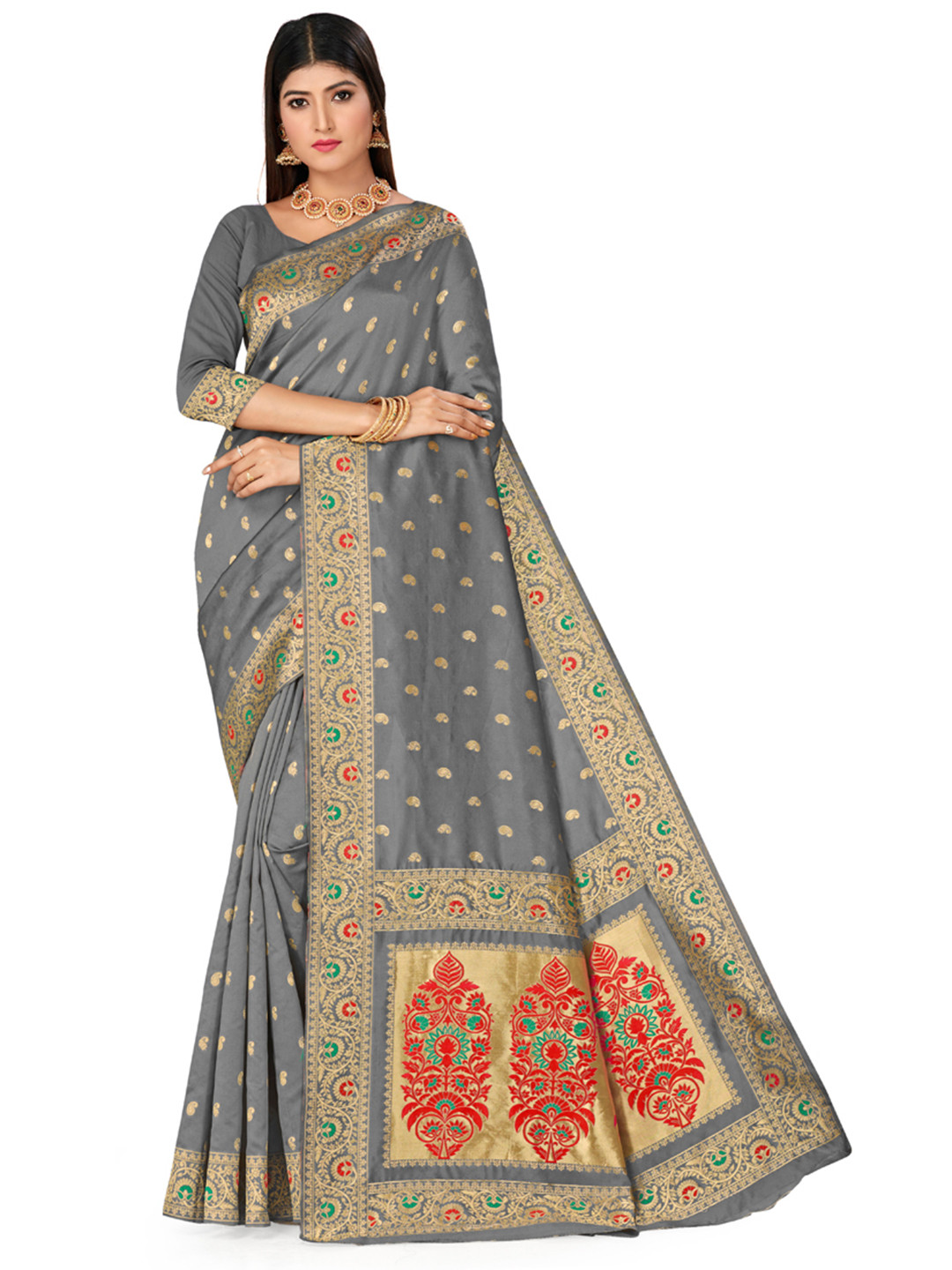 

MANVAA Ehnic Woven Design Zari Banarasi Saree, Grey
