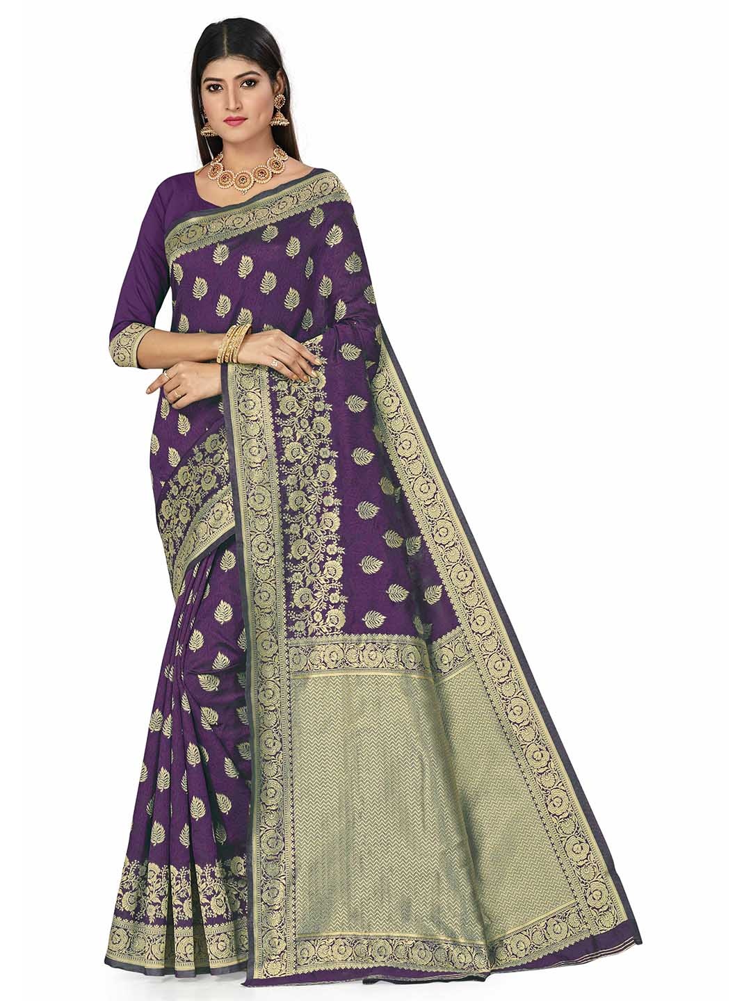 

MANVAA Floral Woven Design Zari Banarasi Saree, Purple