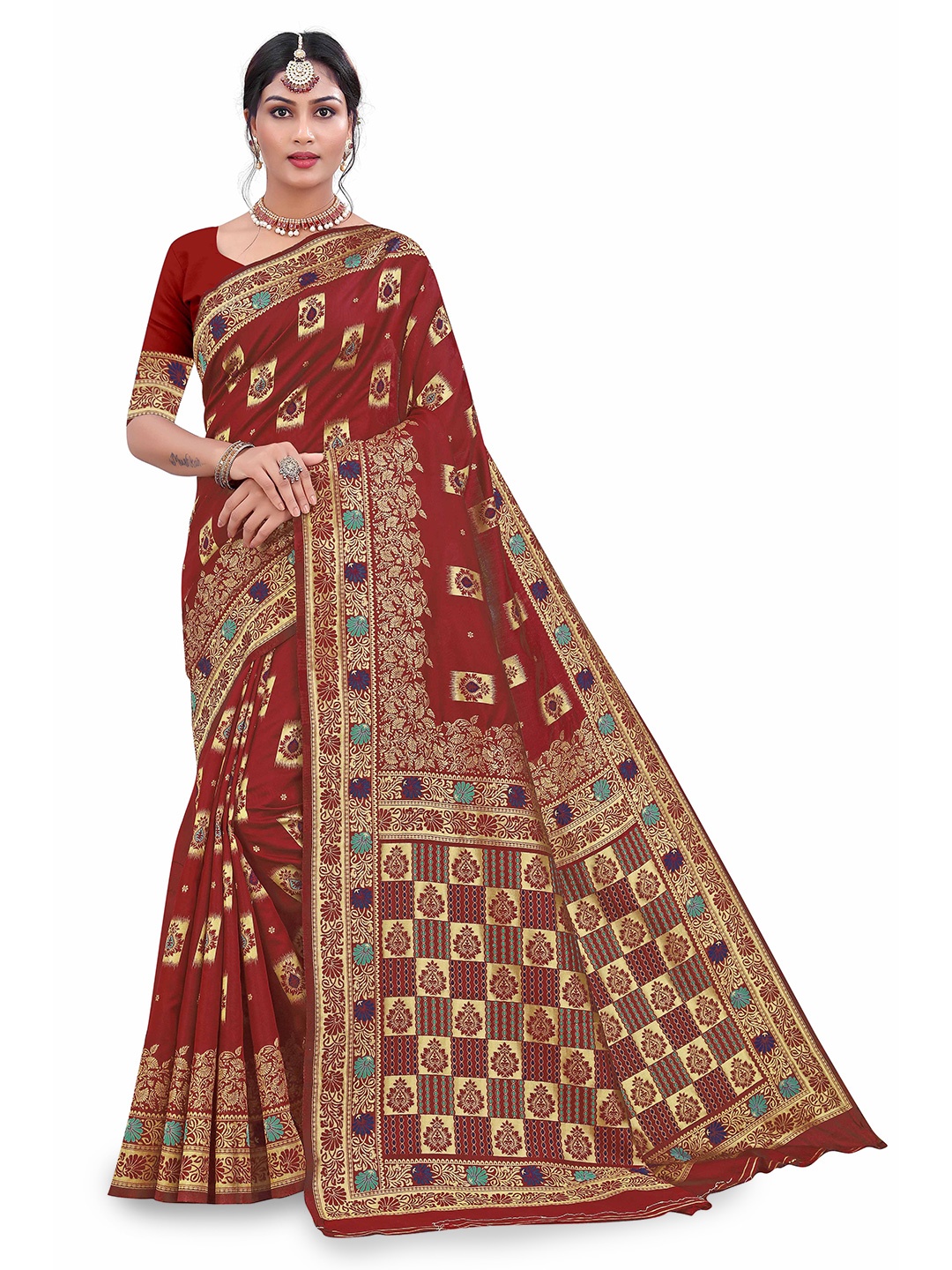 

MANVAA Geometric Woven Design Zari Kanjeevaram Saree, Maroon