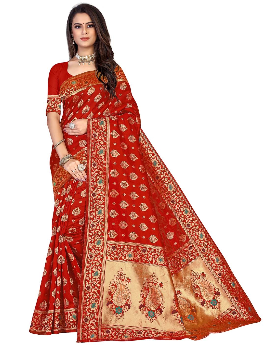 

MANVAA Ethnic Woven Design Zari Banarasi Saree, Red