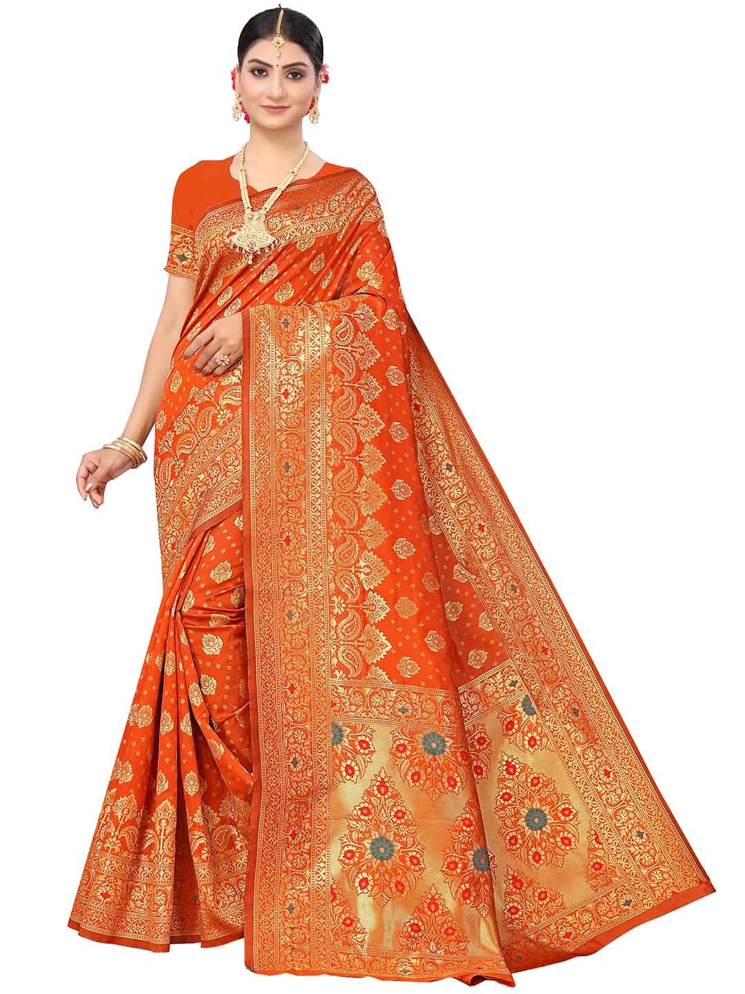 

MANVAA Orange & Green Ethnic Motifs Zari Banarasi Silk Saree
