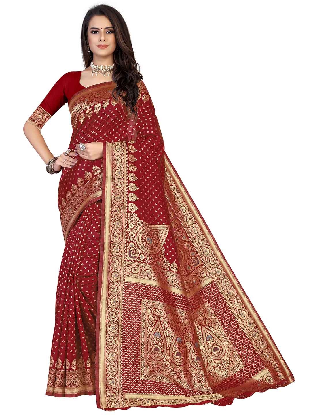 

MANVAA Maroon & Gold-Toned Woven Design Zari Banarasi Saree