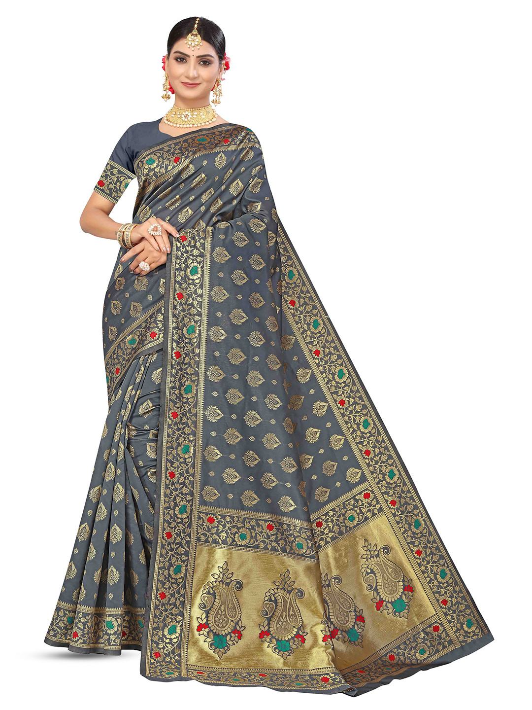 

MANVAA Ethnic Motifs Woven Design Zari Banarasi Saree, Grey