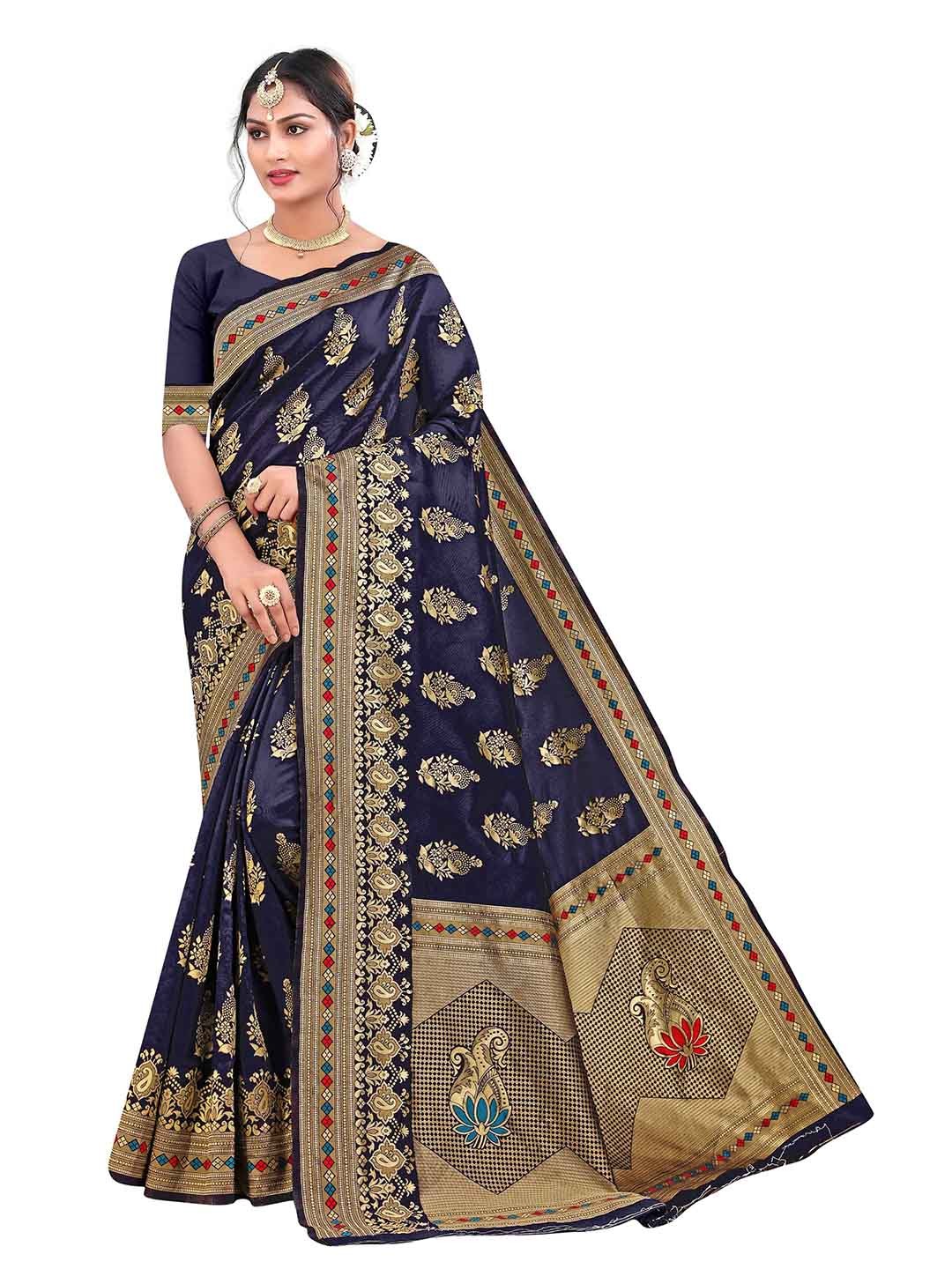 

MANVAA Ethnic Motifs Woven Design Zari Banarasi Saree, Blue