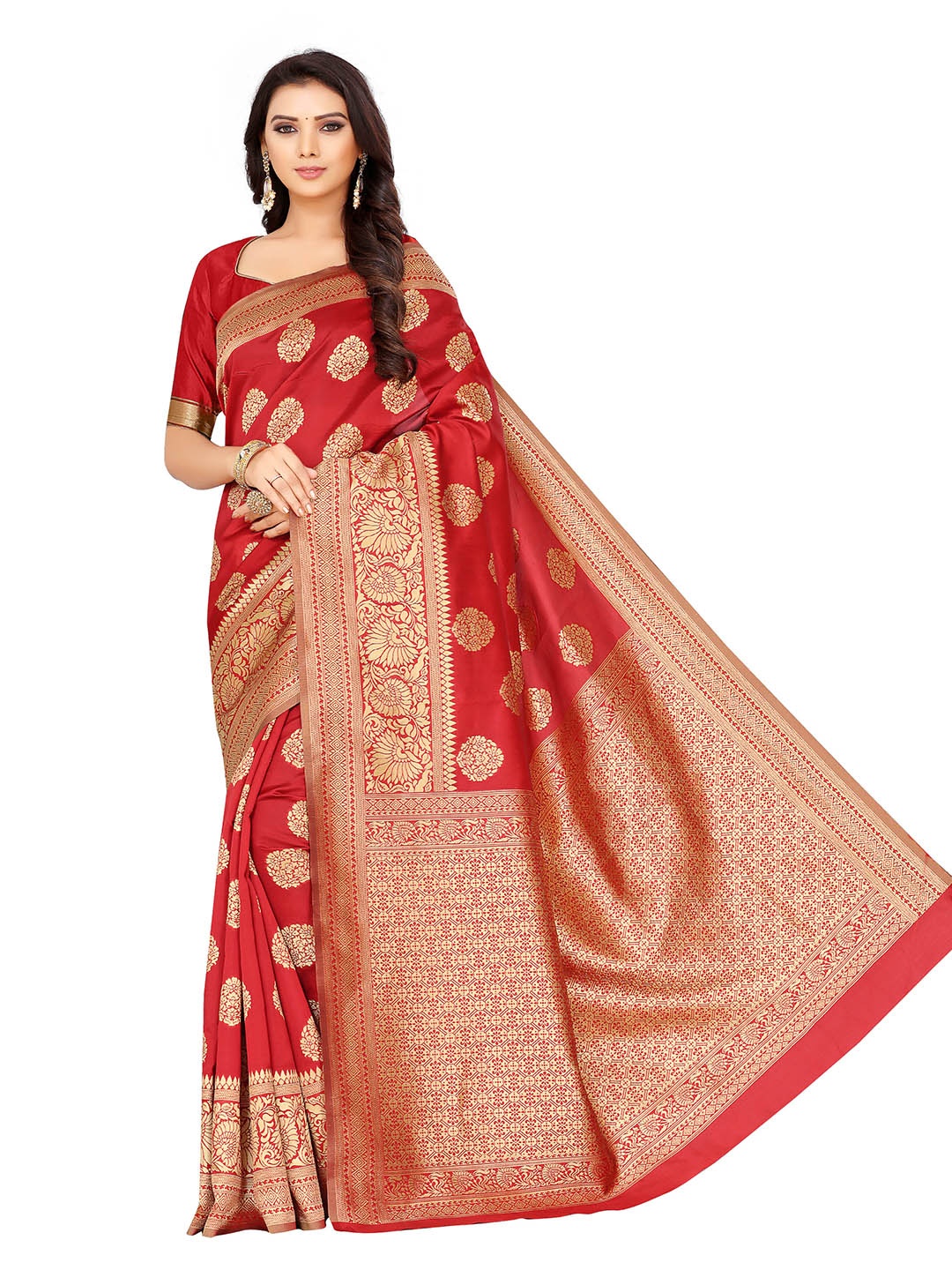 

MANVAA Ethnic Motifs Woven Design Zari Banarasi Saree, Red