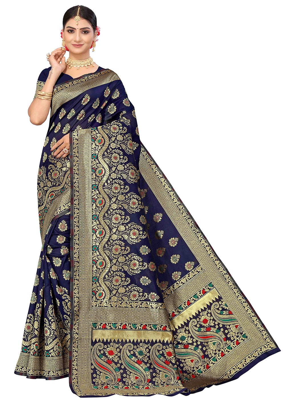 

MANVAA Ethnic Motifs Woven Design Zari Saree, Blue