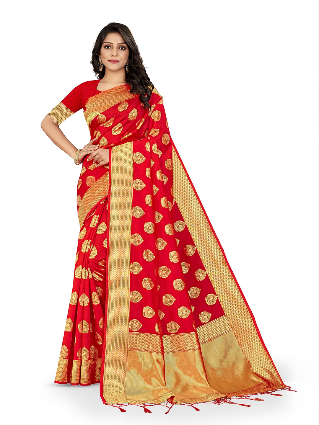 

MANVAA Ethnic Motifs Woven Design Zari Banarasi Saree, Red