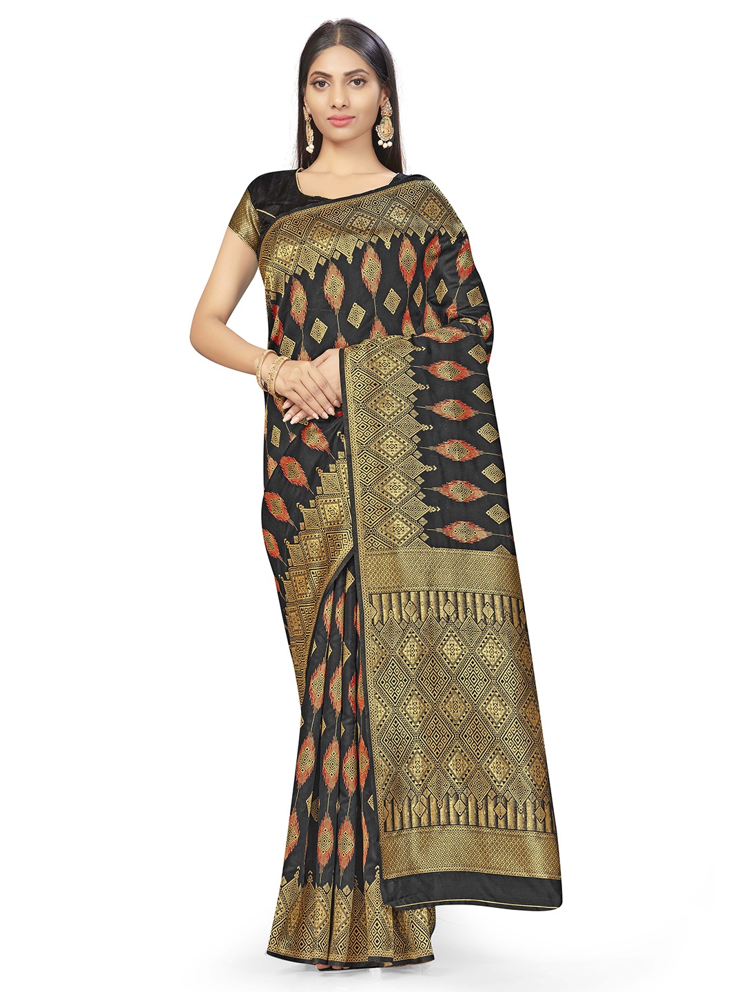 

MANVAA Ethnic Motifs Woven Design Zari Banarasi Saree, Black