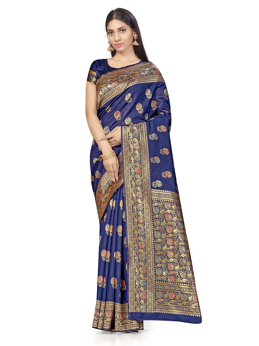 

MANVAA Ethnic Motifs Woven Design Zari Saree, Navy blue