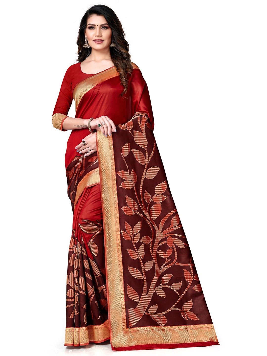 

MANVAA Red & GoldToned Ethnic Woven Design Zari Silk Banarasi Saree