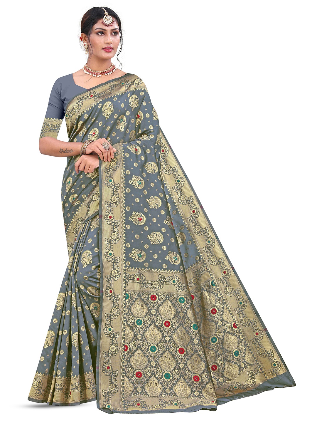 

MANVAA Floral Woven Design Zari Banarasi Saree, Grey