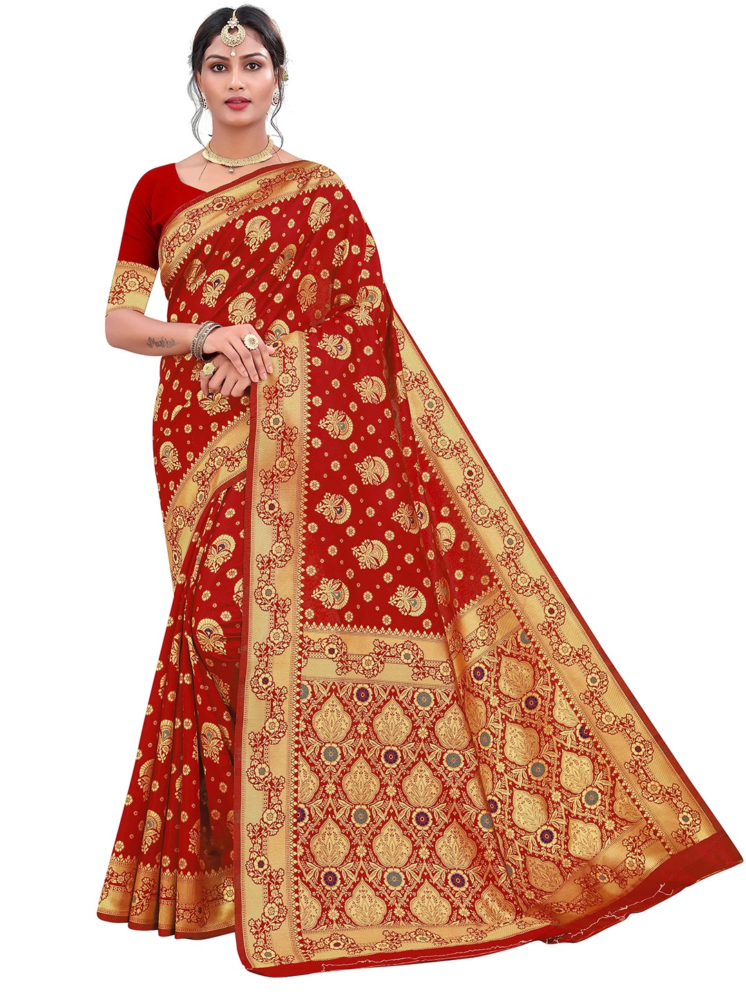 

MANVAA Ethnic Motifs Woven Design Zari Banarasi Saree, Red