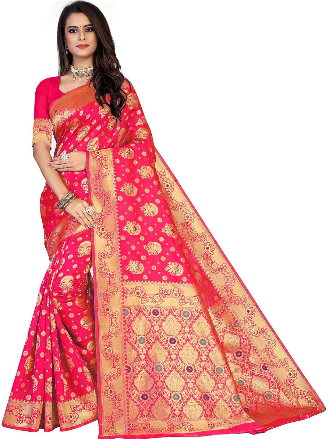 

MANVAA Ethnic Woven Design Zari Kanjeevaram Saree, Pink