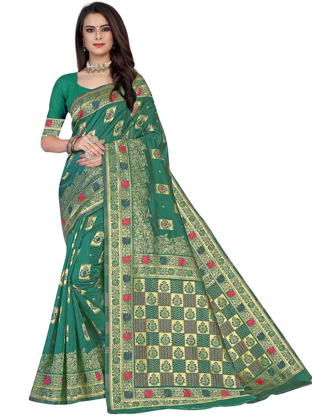 

MANVAA Ethnic Motifs Woven Design Zari Kanjeevaram Saree, Green