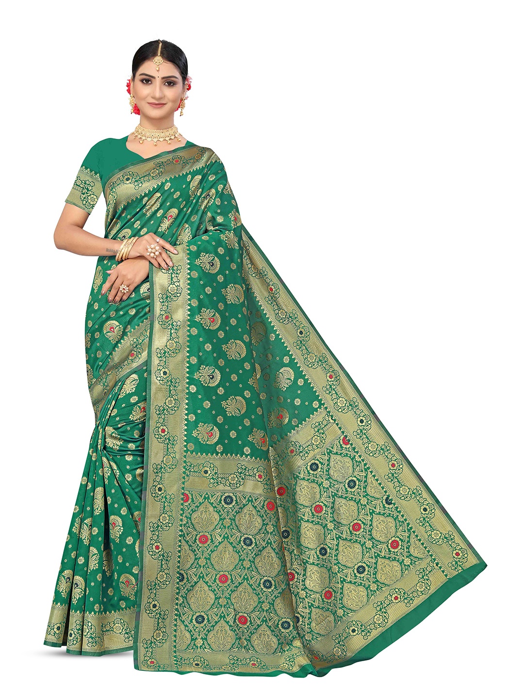 

MANVAA Floral Woven Design Zari Banarasi Silk Saree, Green