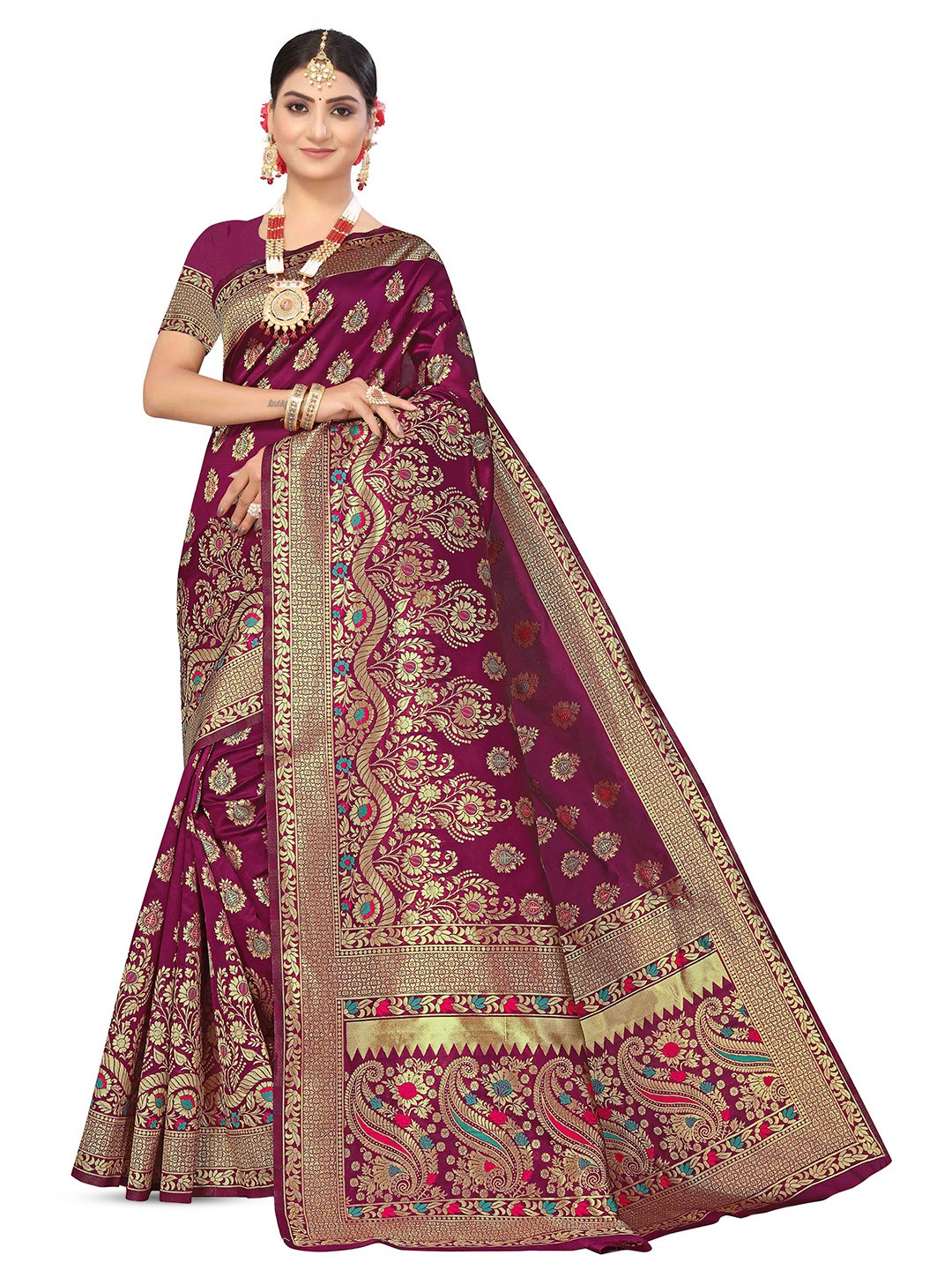 

MANVAA Ethnic Motifs Woven Design Zari Banarasi Saree, Purple