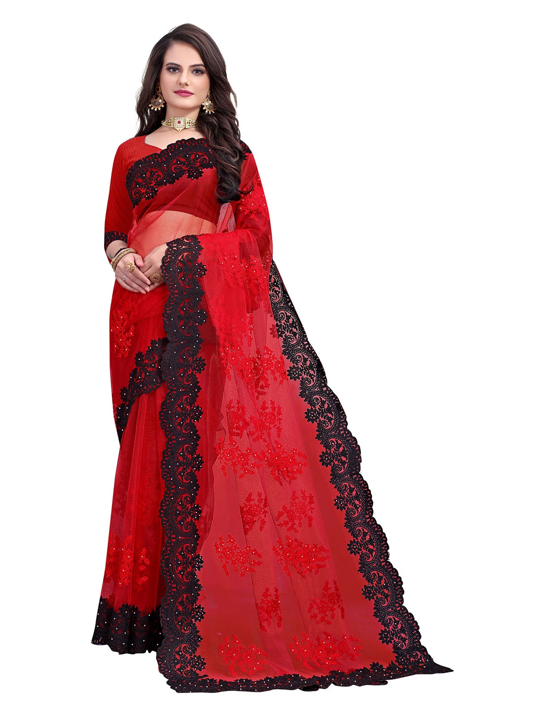 

MANVAA Embellished Embroidered Net Banarasi Saree, Red