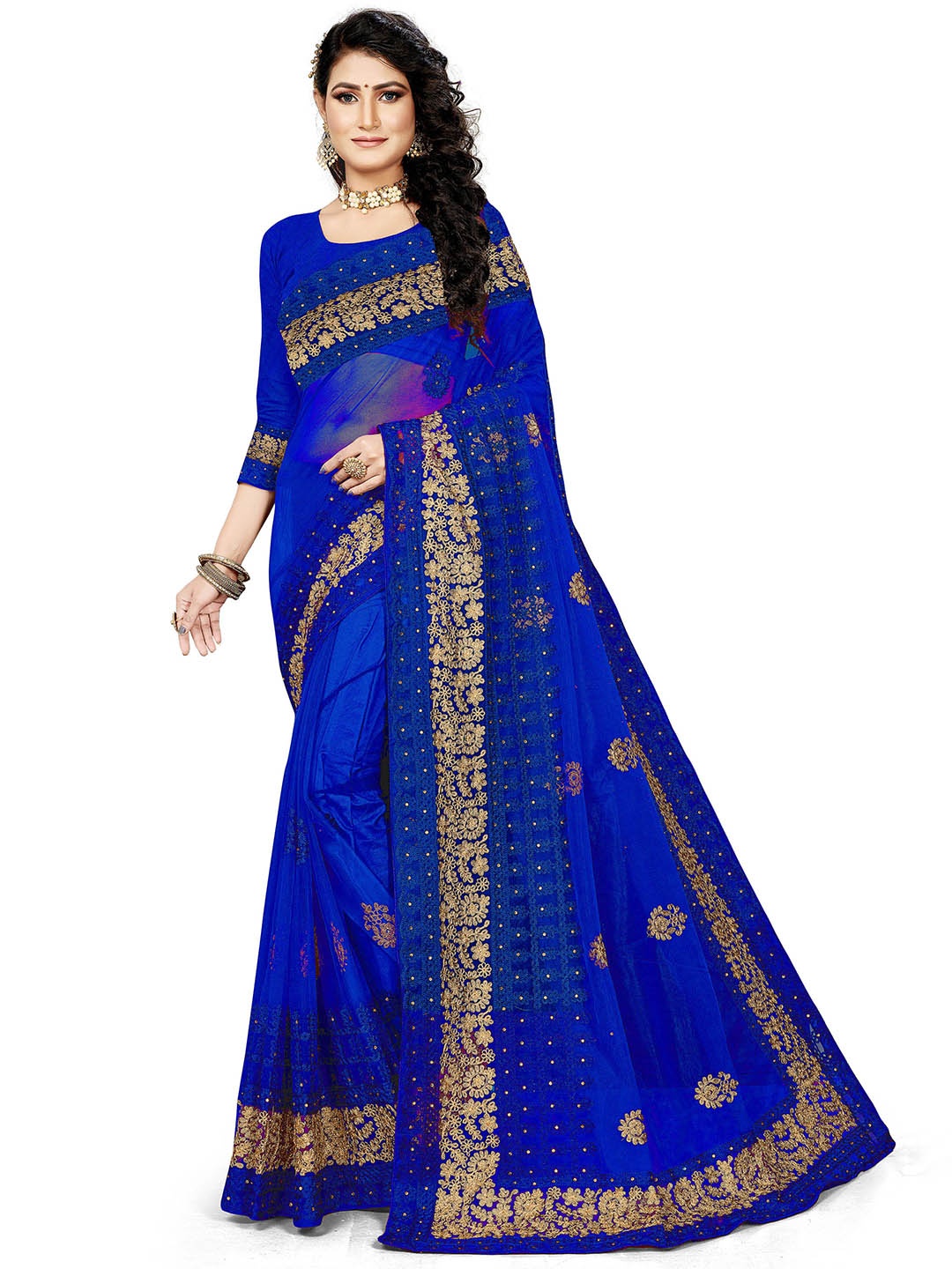 

MANVAA Floral Embroidered Embellished Net Saree, Blue