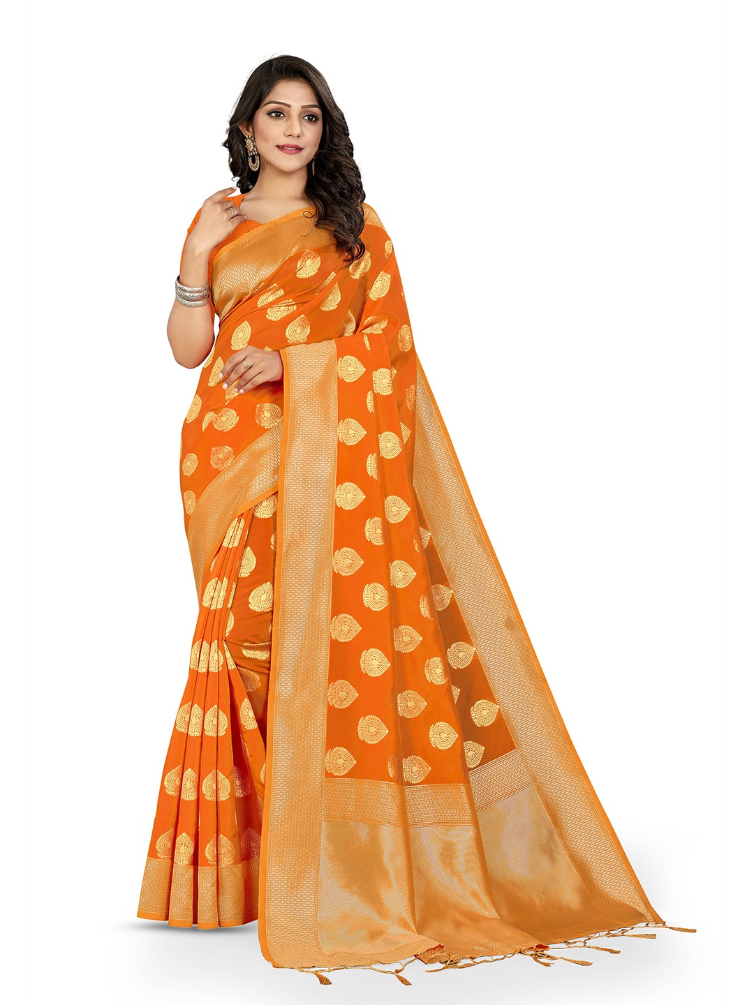 

MANVAA Ethnic Motifs Woven Design Zari Banarasi Saree, Orange