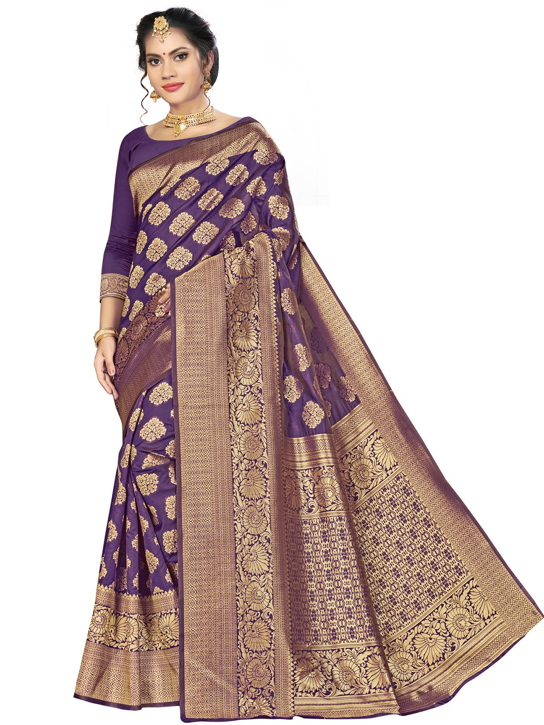 

MANVAA Purple & GoldToned Ethnic Woven Design Zari Silk Banarasi Saree