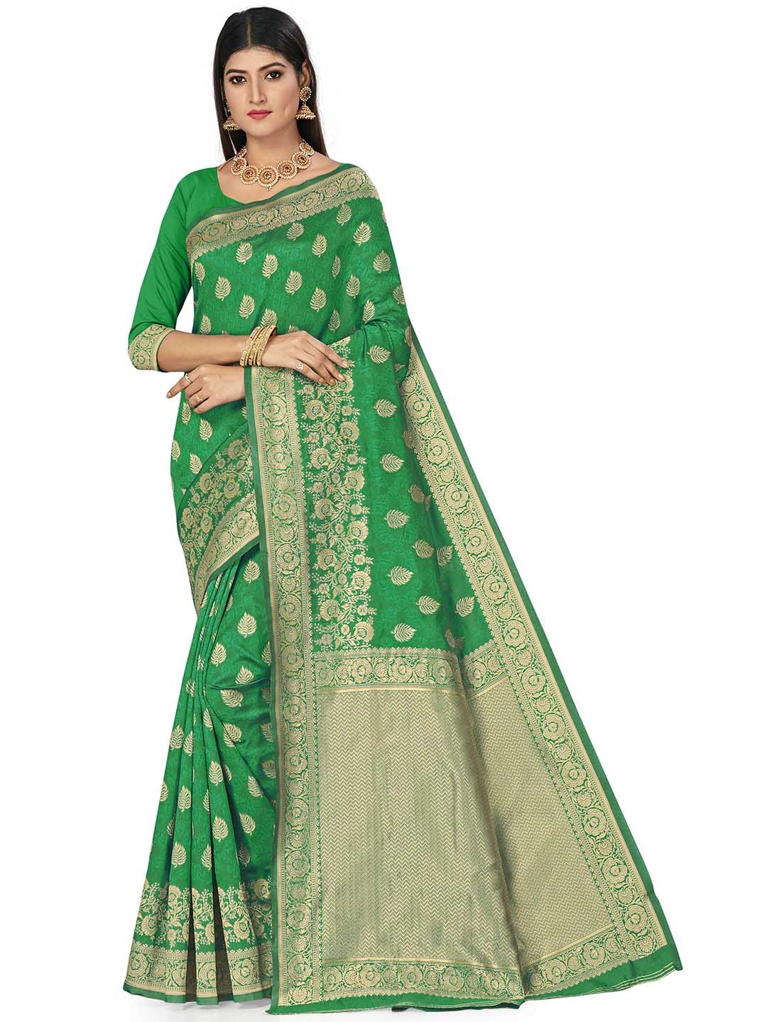 

MANVAA Ethnic Motifs Woven Design Zari Banarasi Saree, Green