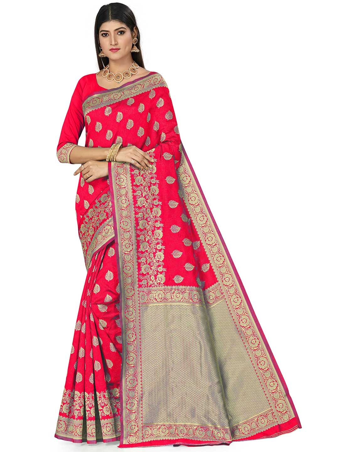 

MANVAA Ethnic Motifs Woven Design Zari Banarasi Saree, Pink