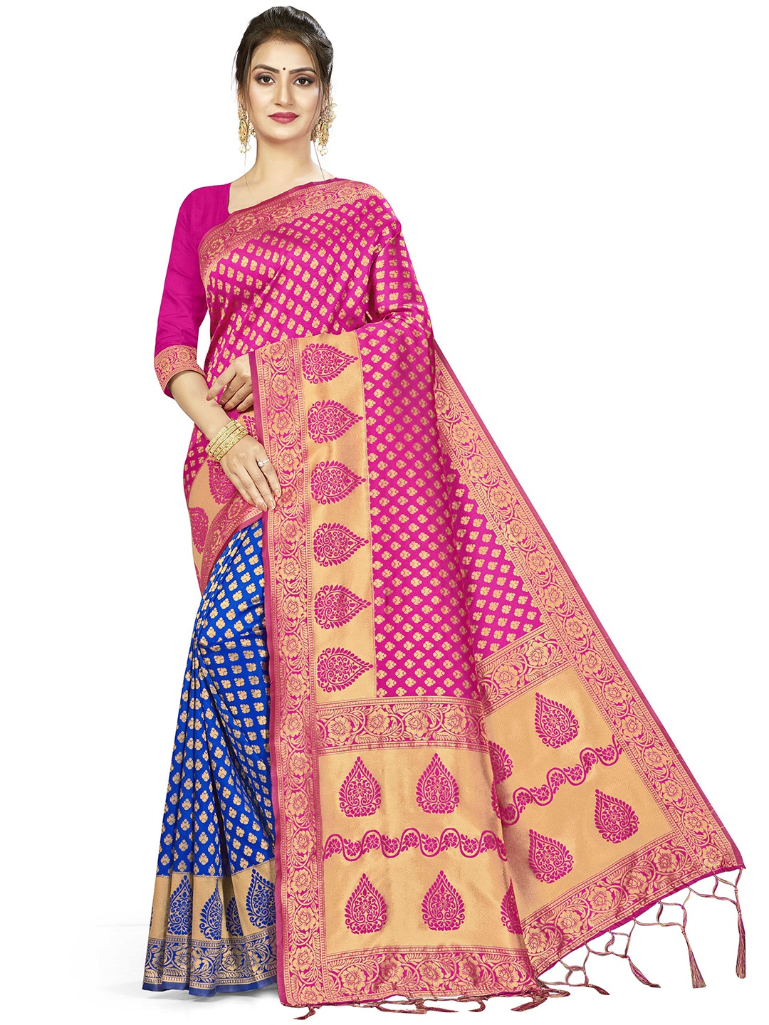 

MANVAA Pink & Blue Ethnic Woven Design Zari Silk Half and Half Banarasi Saree