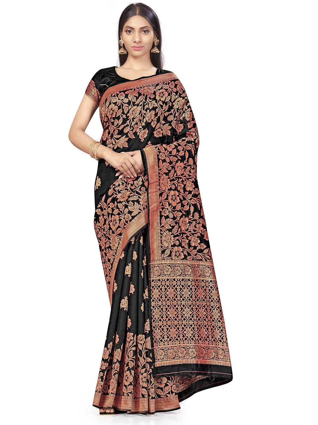 

MANVAA Floral Woven Design Zari Banarasi Saree, Black