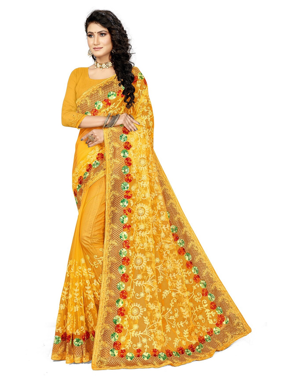 

MANVAA Floral Embroidered Embellished Net Saree, Yellow