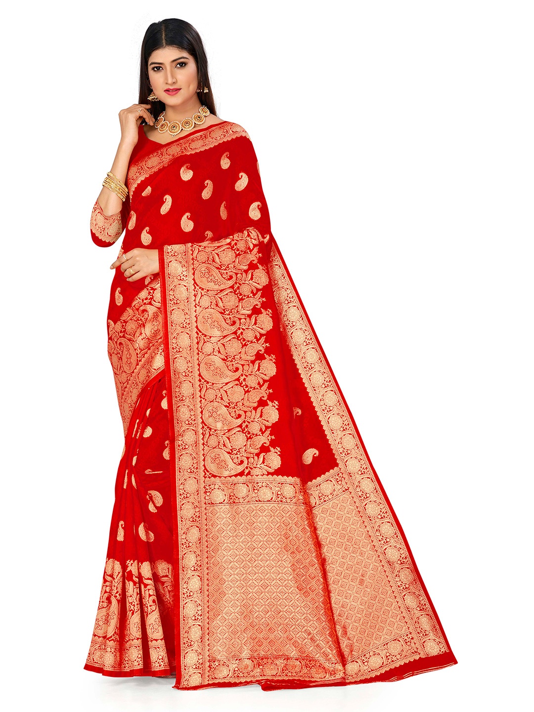 

MANVAA Ethnic Motifs Woven Design Zari Banarasi Saree, Red