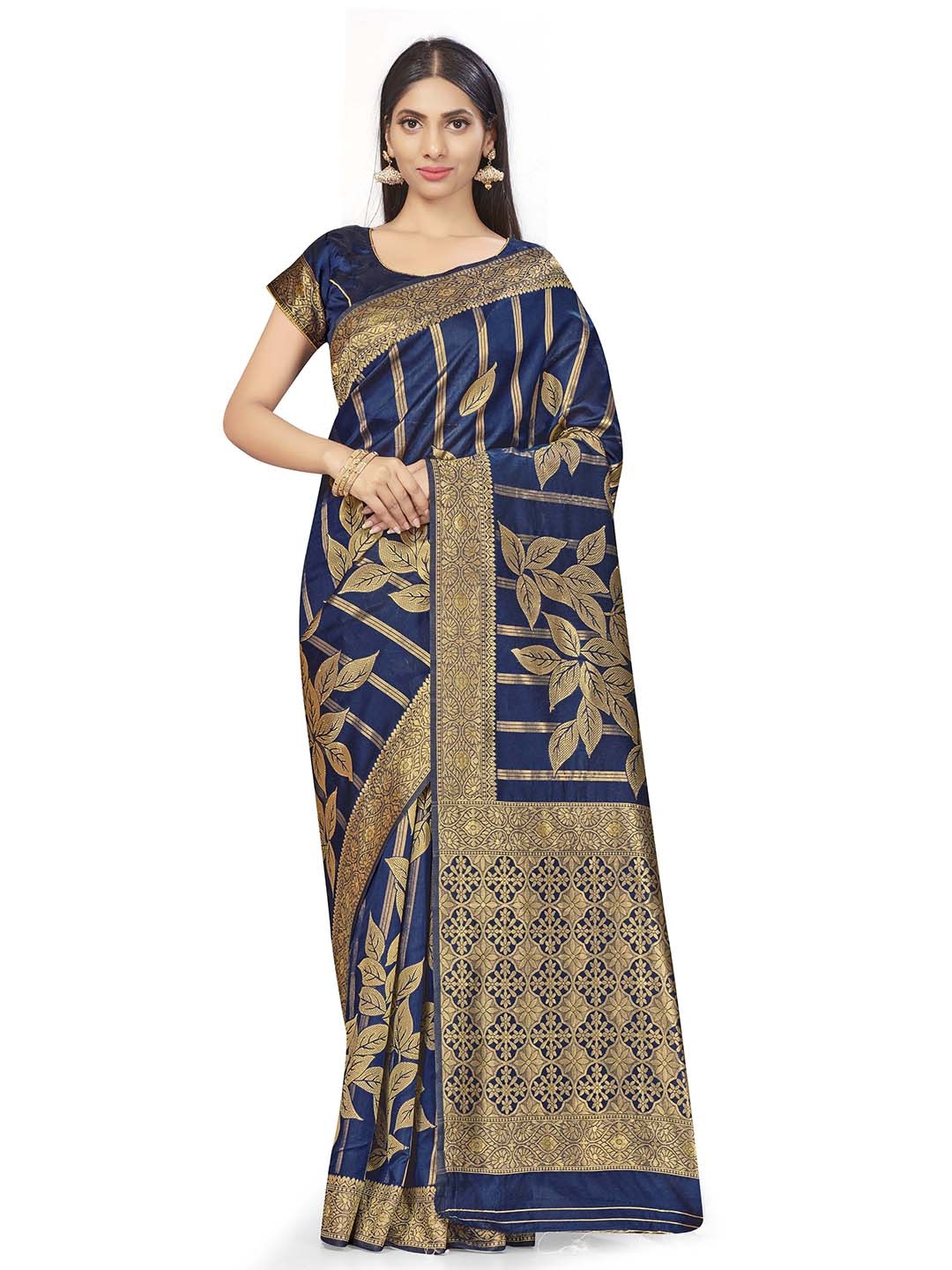 

MANVAA Floral Woven Design Zari Saree, Navy blue