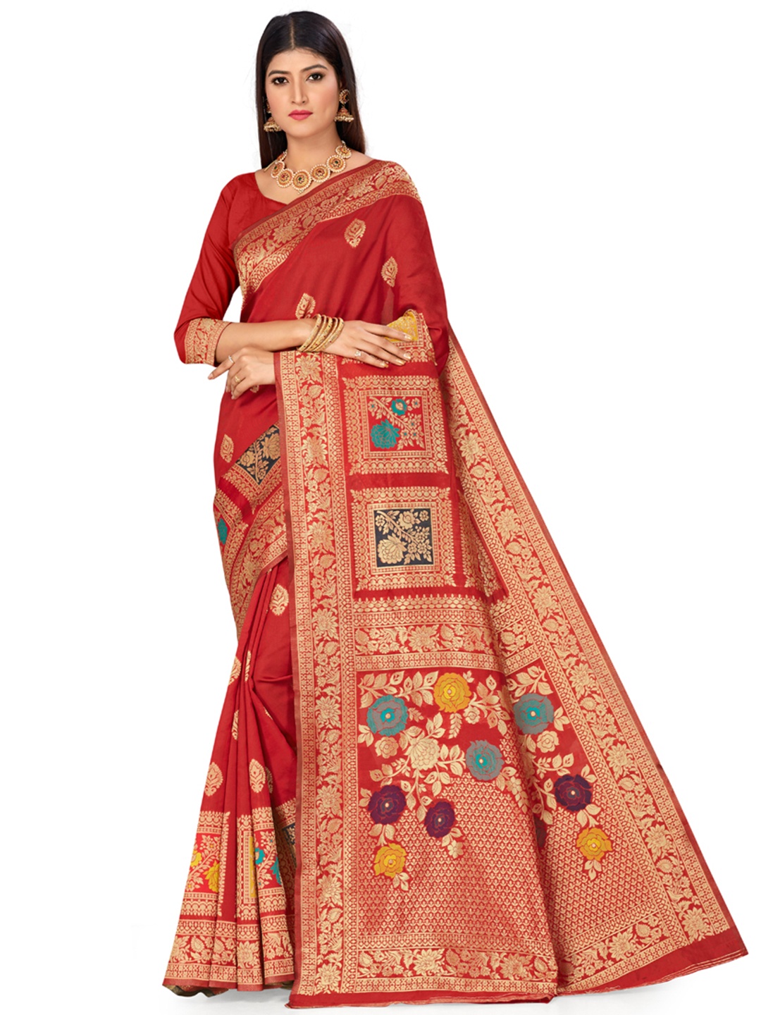 

MANVAA Red & Gold-Toned Woven Design Zari Banarasi Saree