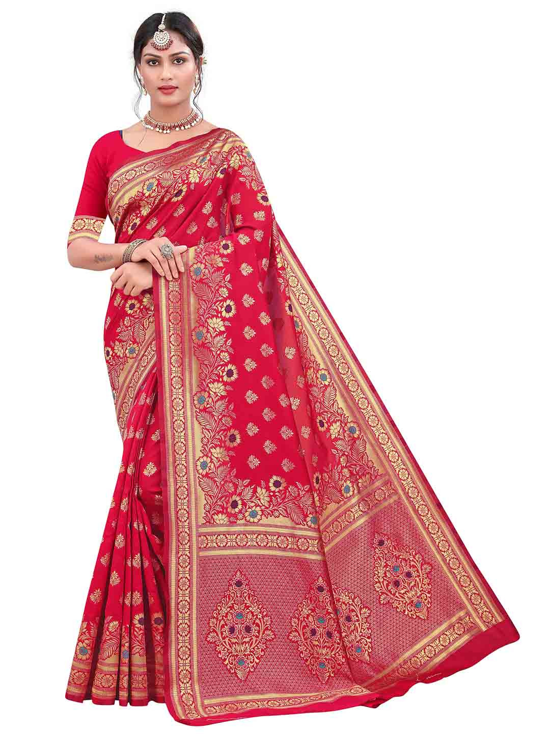 

MANVAA Pink & Gold-Toned Woven Design Zari Silk Blend Kanjeevaram Saree