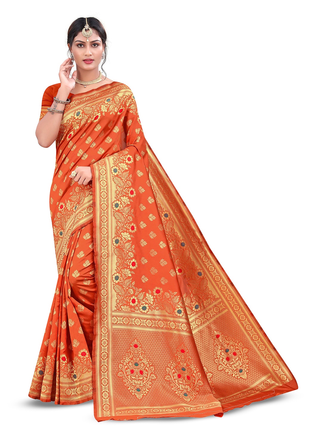 

MANVAA Floral Woven Design Zari Banarasi Silk Saree, Orange