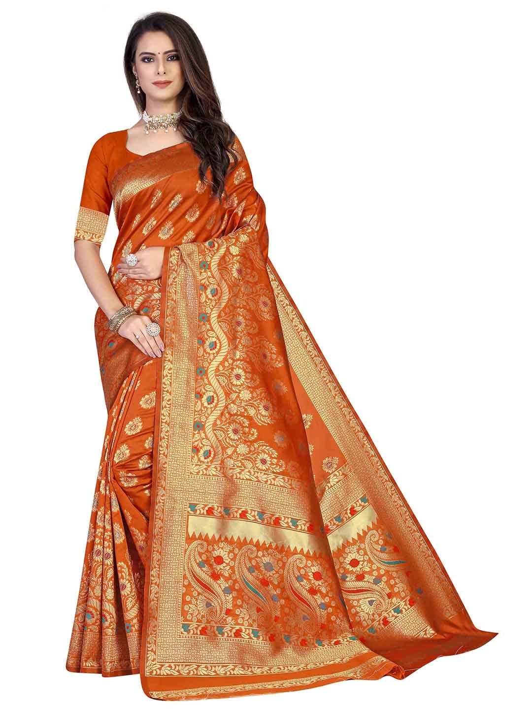 

MANVAA Ethnic Motifs Woven Design Zari Banarasi Saree, Orange
