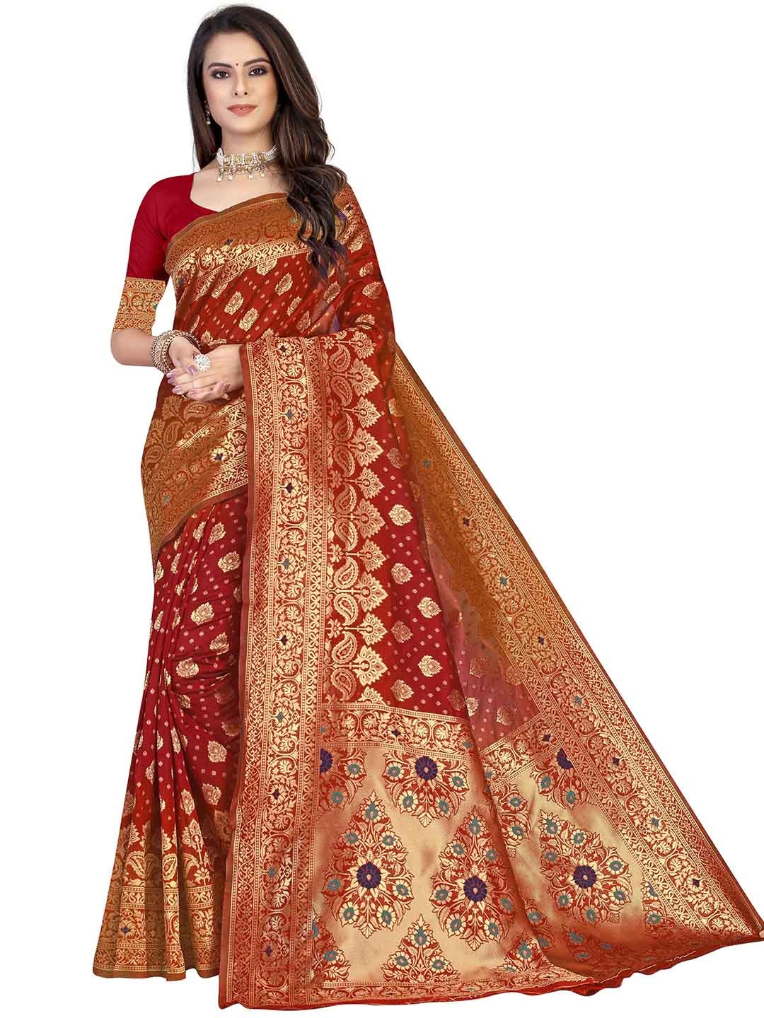 

MANVAA Ethnic Motifs Zari Kanjeevaram Saree, Maroon