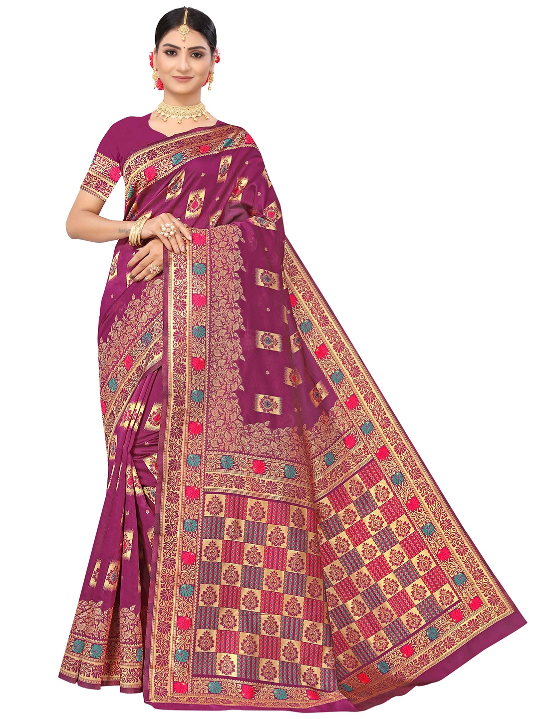 

MANVAA Purple & Red Ethnic Woven Design Zari Silk Banarasi Saree