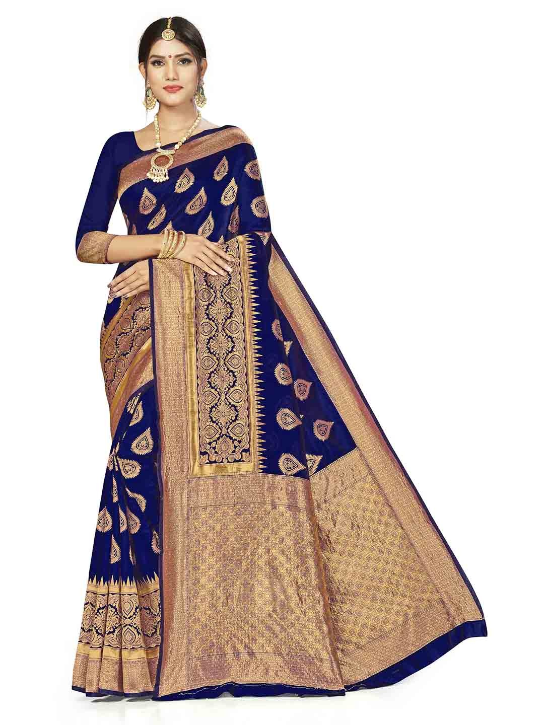 

MANVAA Ethnic Motifs Woven Design Zari Banarasi Saree, Navy blue